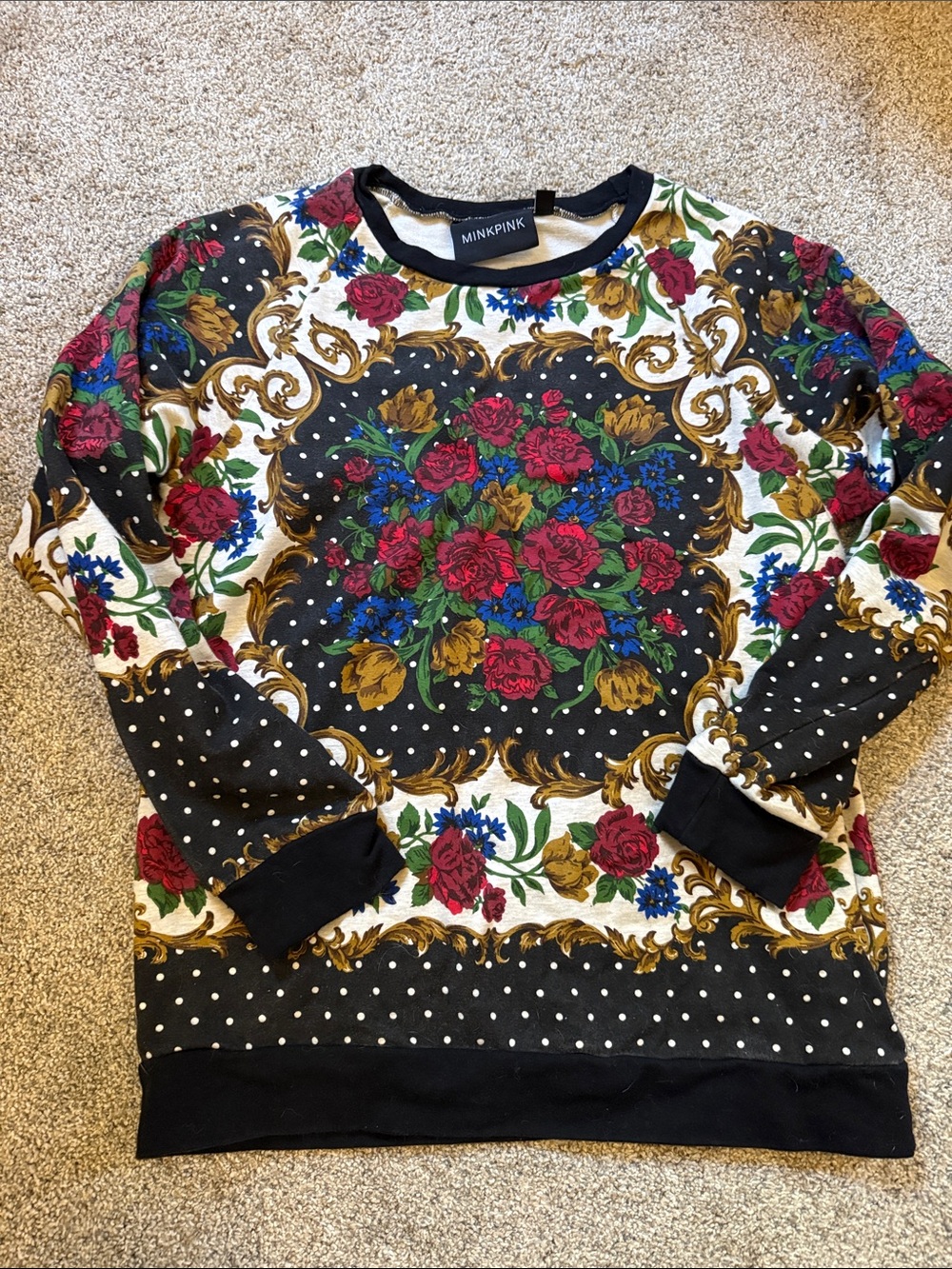 MINKPINK Black Floral & Polka Dot Crew Neck Sweatshirt small